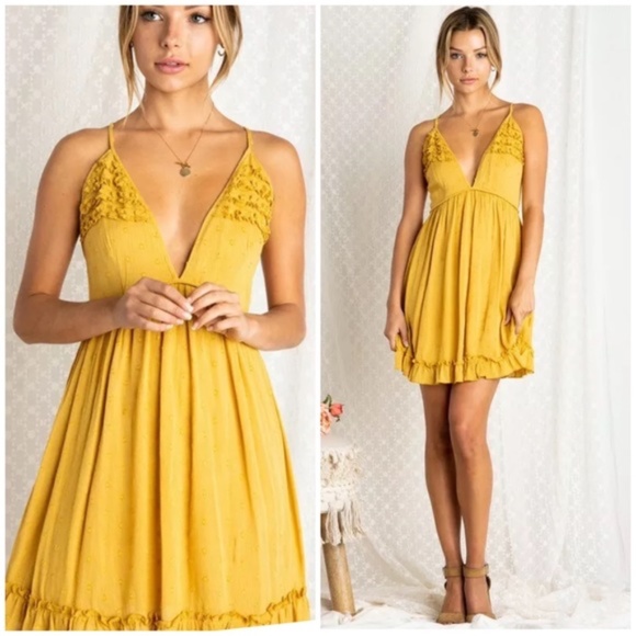 Dresses & Skirts - SOLD OUT Mustard Swiss Polka Dot Ruffle V-Neck Mini Dress